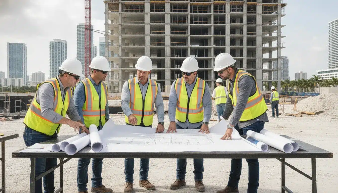 Commercial project managers reviewing Miami-Dade building permit plans at a construction site
