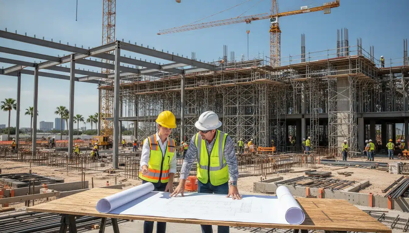 A building inspector and construction manager reviewing blueprints on a commercial steel-framed construction site in Tampa under bright Florida daylight