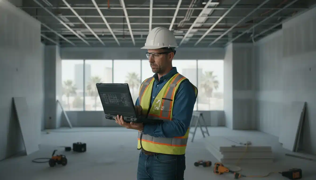 Construction project manager reviewing permit plans at a commercial tenant improvement build-out in Orlando