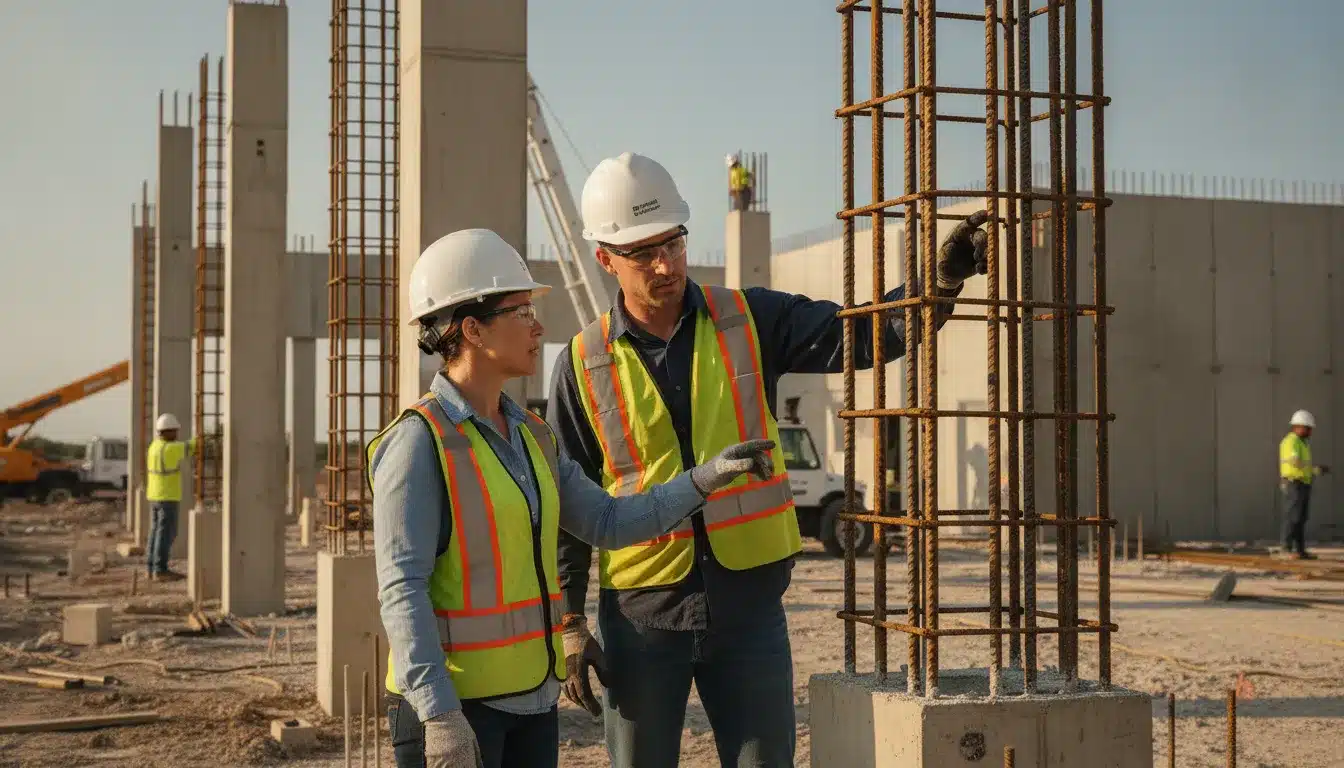 Construction manager and engineer conducting a commercial building inspection on a Florida job site