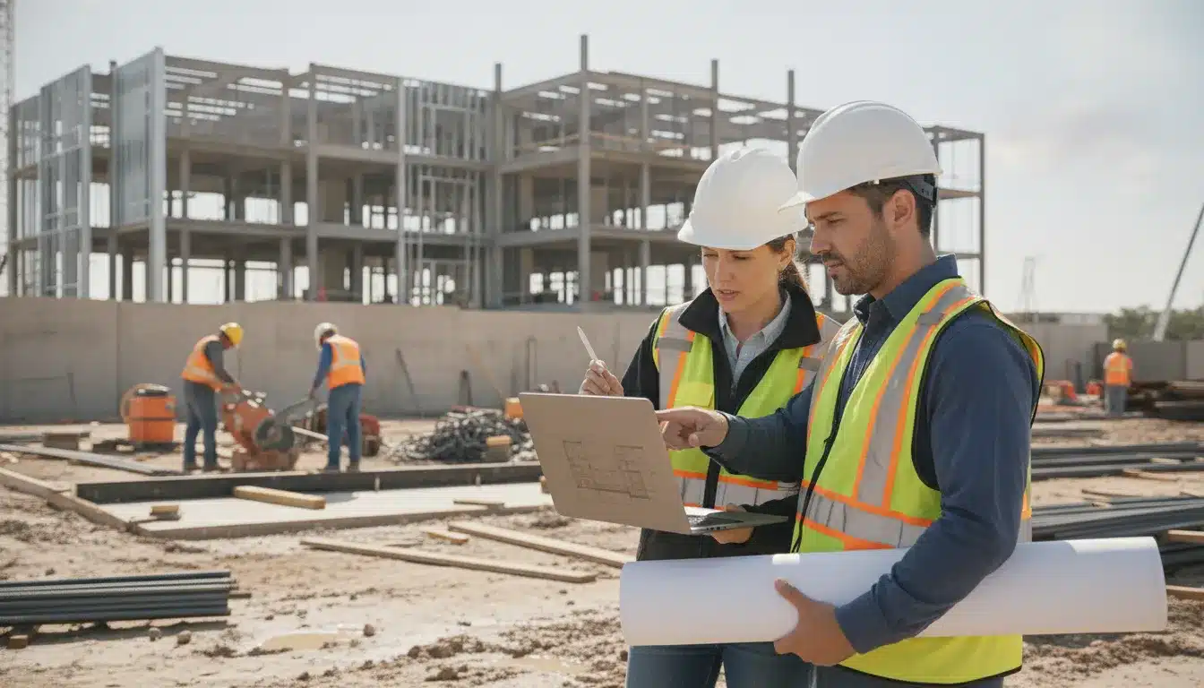 Construction professionals reviewing permit records at a Florida jobsite