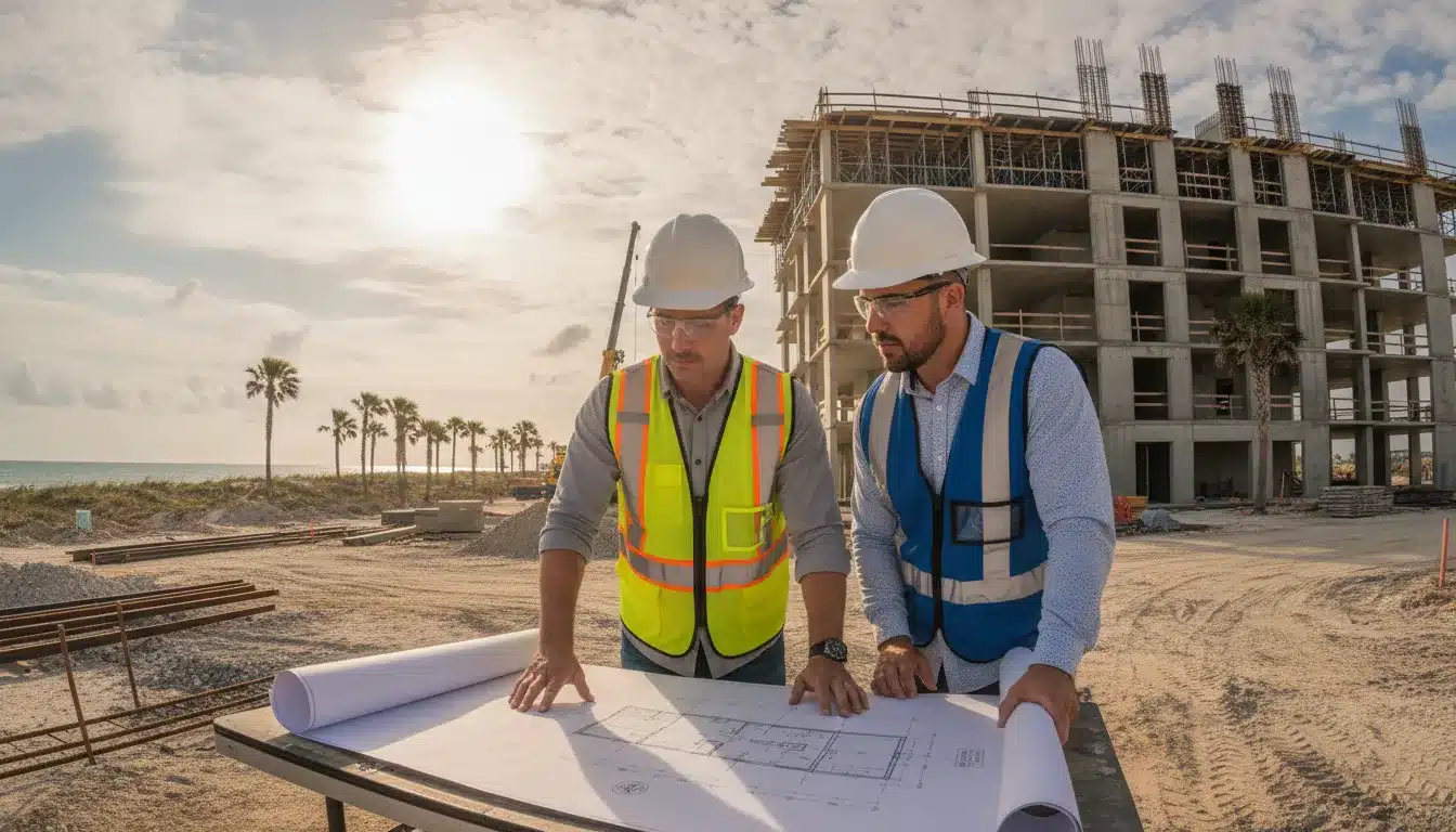 Commercial construction team reviewing permit plans in Brevard County