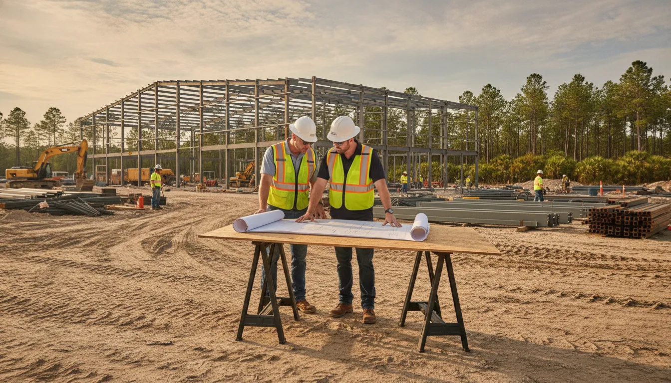 Commercial construction team reviewing building plans at a Florida jobsite