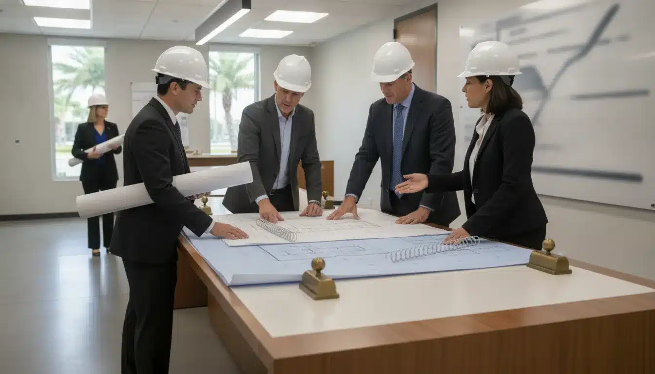 Commercial construction team reviewing Florida building permit plans