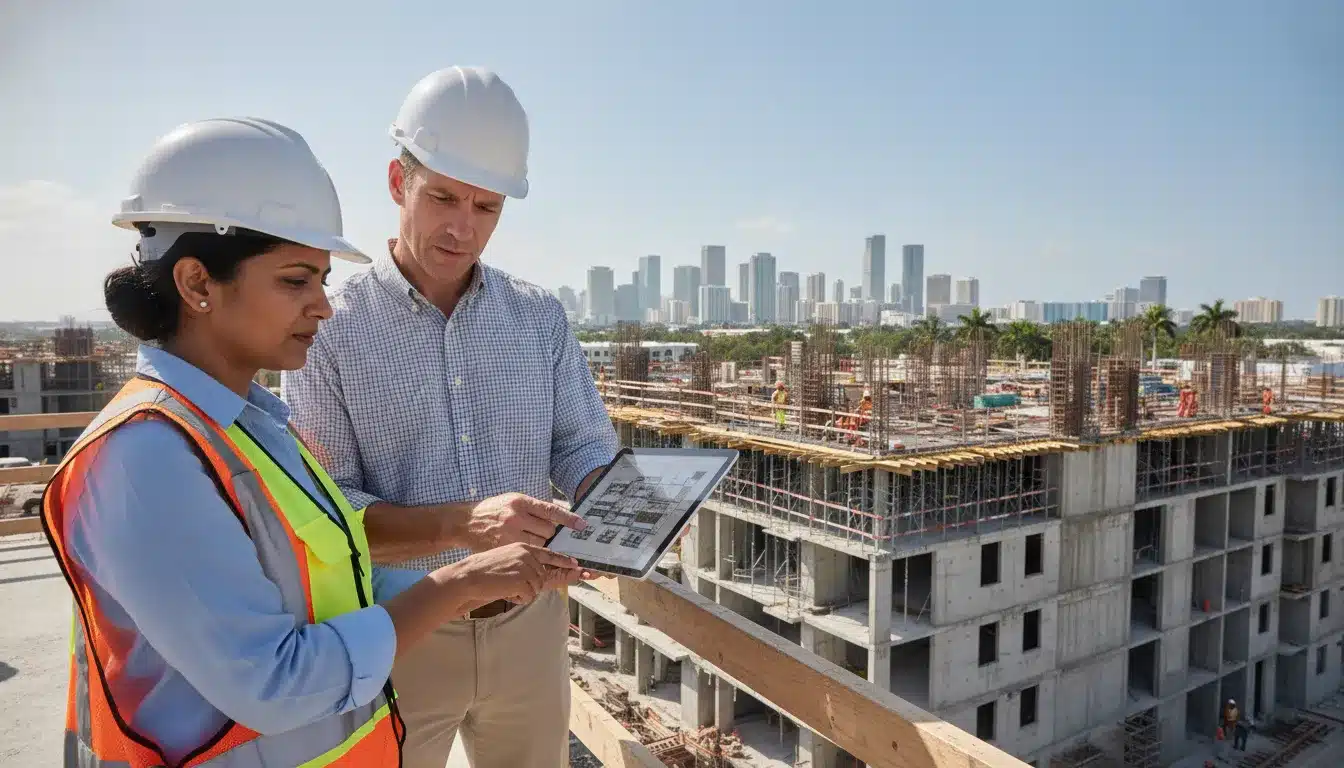 Construction manager reviewing commercial permit plans at a Miami jobsite