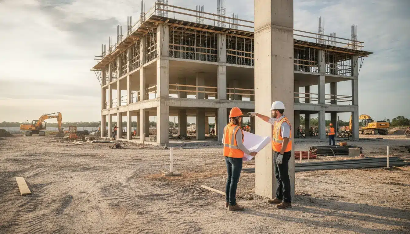 Commercial construction project team reviewing a Clay County Florida building permit process at an active jobsite