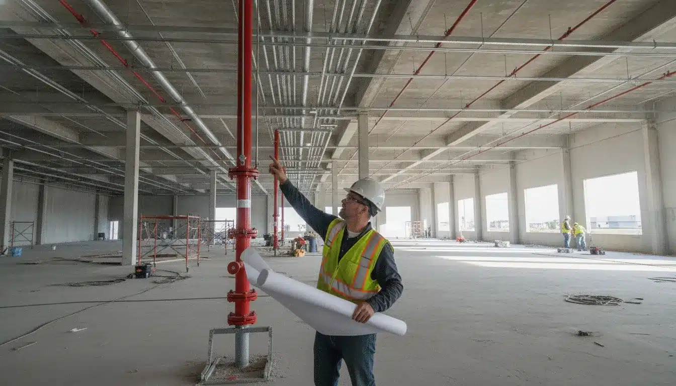Commercial fire sprinkler system piping and riser under review at a Florida construction site