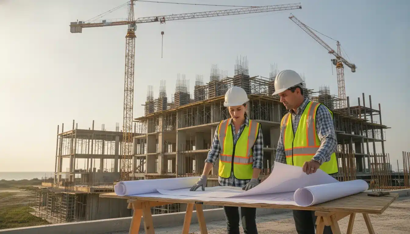 Commercial construction team reviewing plans at an Escambia County Florida jobsite