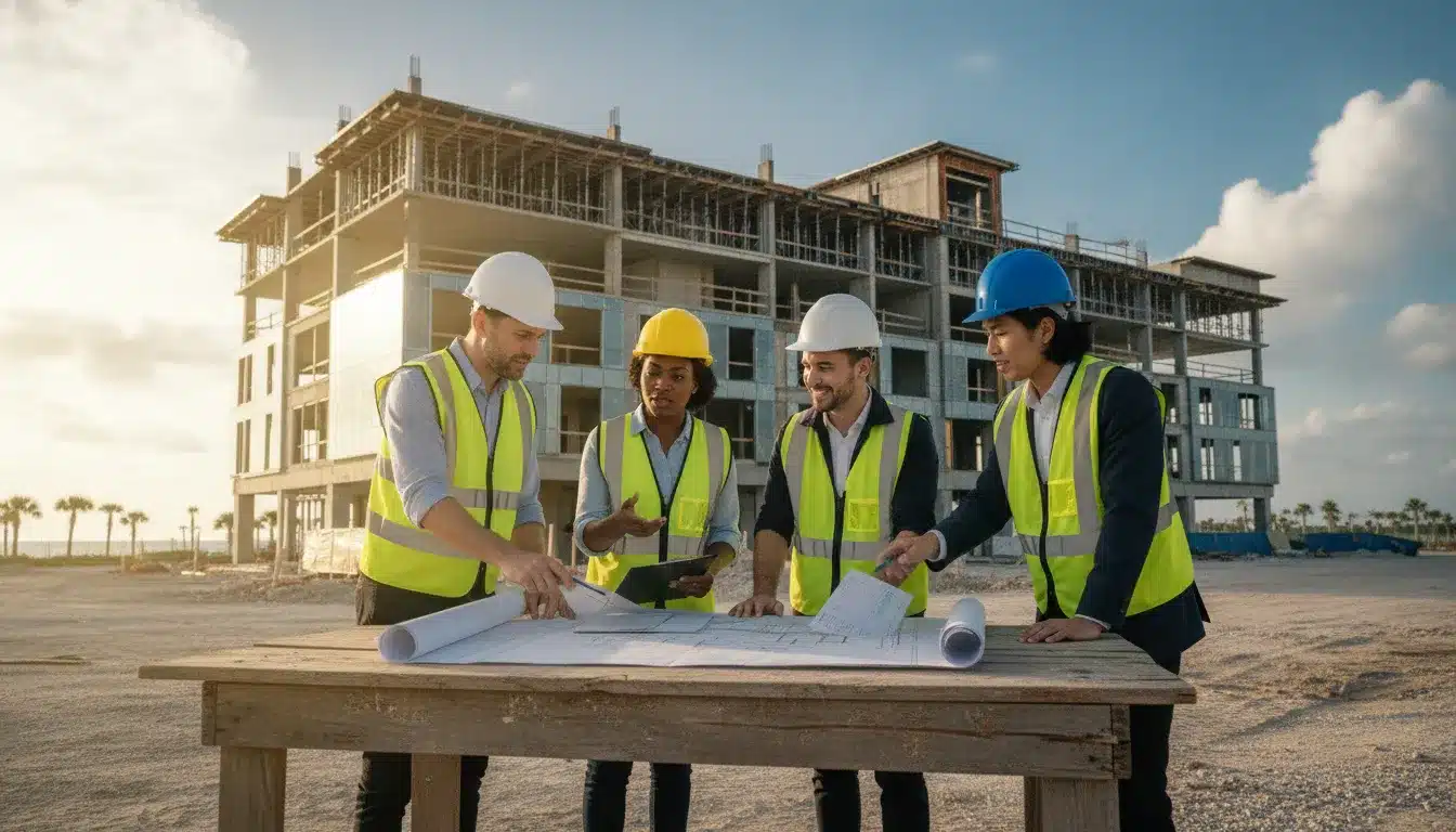 Commercial construction team reviewing building plans and compliance documents in Florida