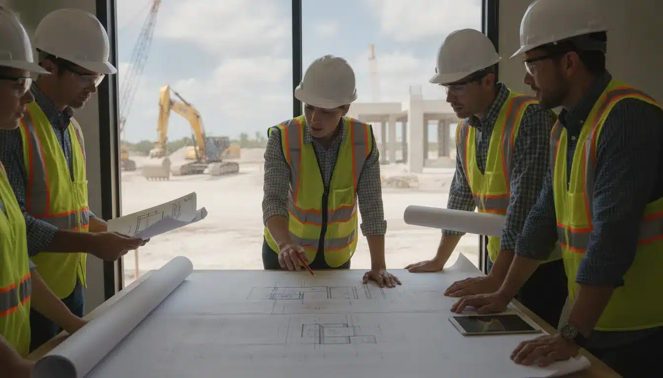 Commercial construction team reviewing permit corrections