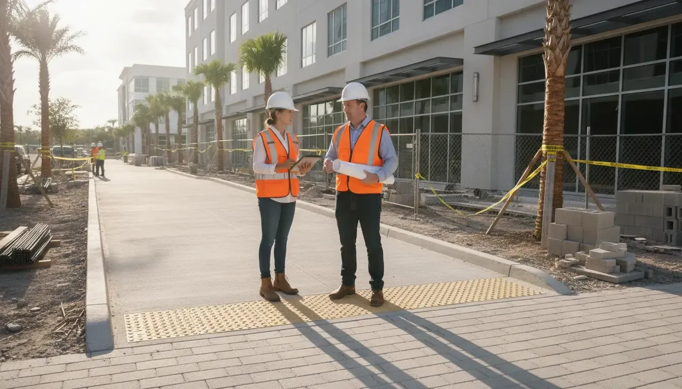 Commercial construction professionals reviewing an accessible route at a Florida building entrance