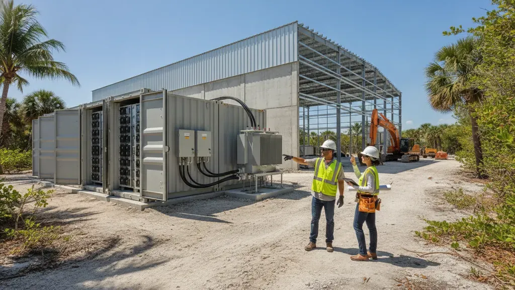Florida commercial battery storage permit planning at an industrial construction site