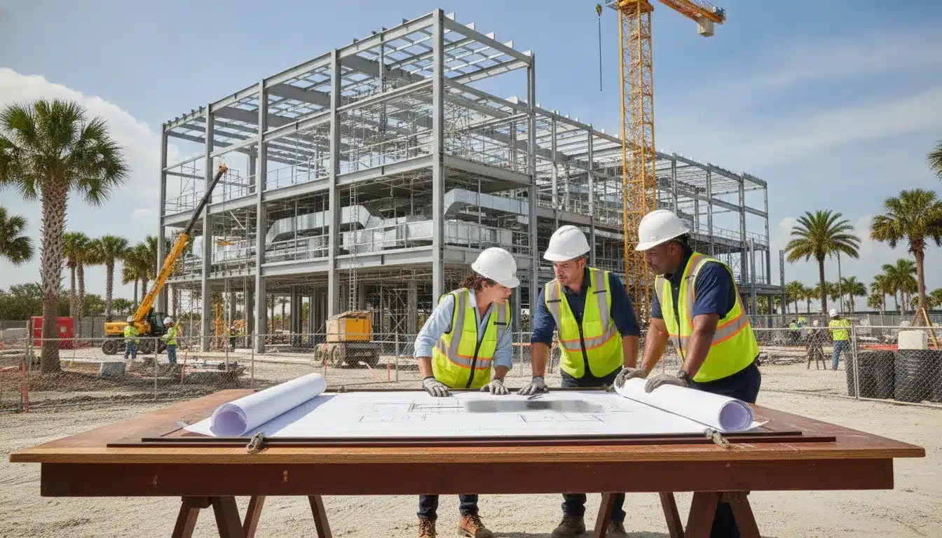 Commercial healthcare construction team reviewing plans for a Florida facility