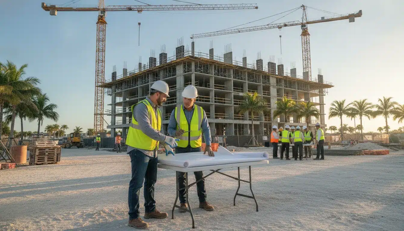 Commercial construction team coordinating permit documents at a Florida jobsite