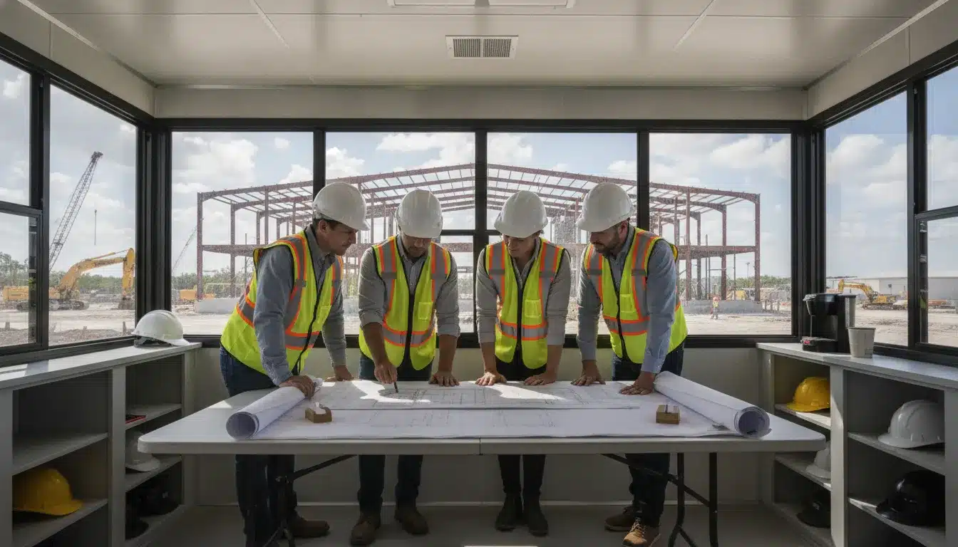 Commercial construction team reviewing permit plans