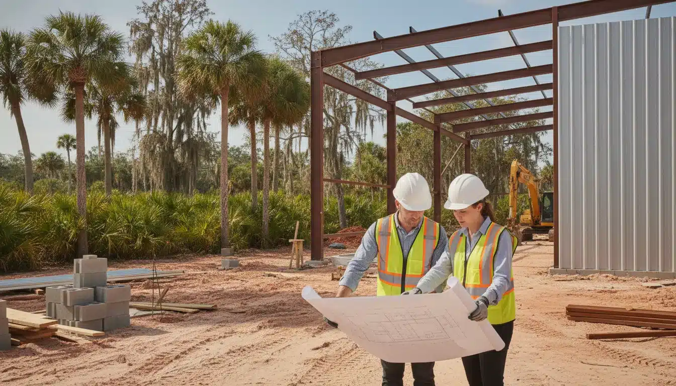 Construction professionals reviewing commercial project plans at a Hardee County jobsite