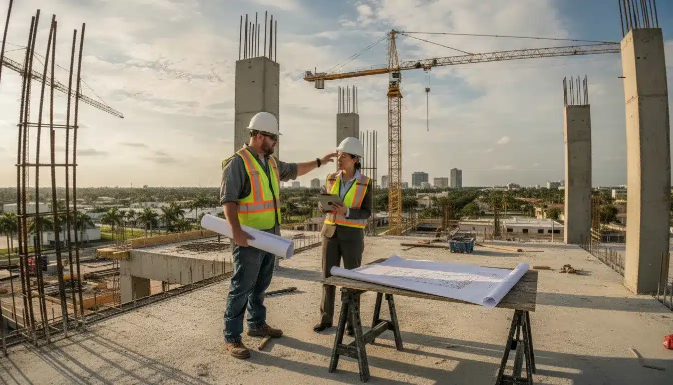 Commercial construction team reviewing plans at a Hillsborough County Florida jobsite