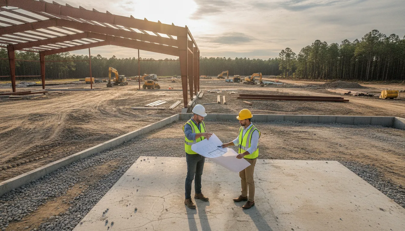 Commercial construction team reviewing plans in Holmes County