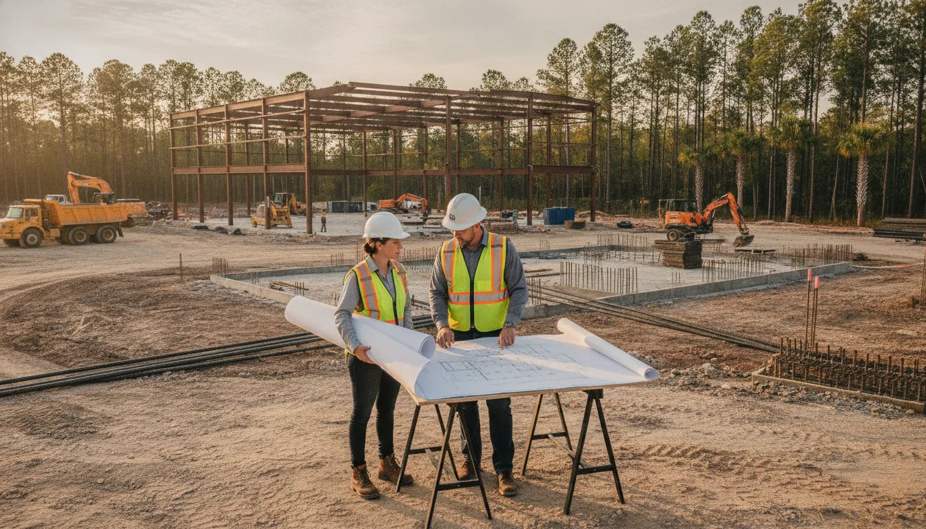 Commercial construction team reviewing plans at a North Florida job site