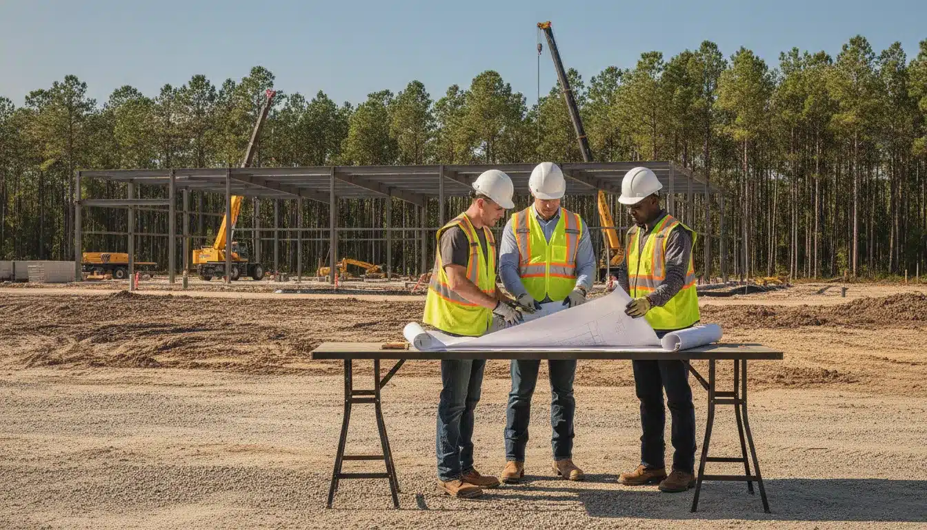 Commercial construction professionals reviewing plans at a North Florida jobsite