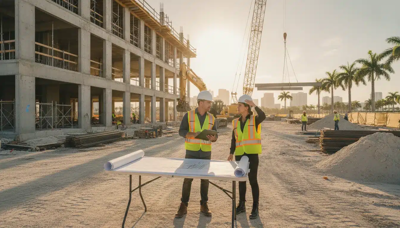 Commercial construction team coordinating permit plans at a Florida jobsite