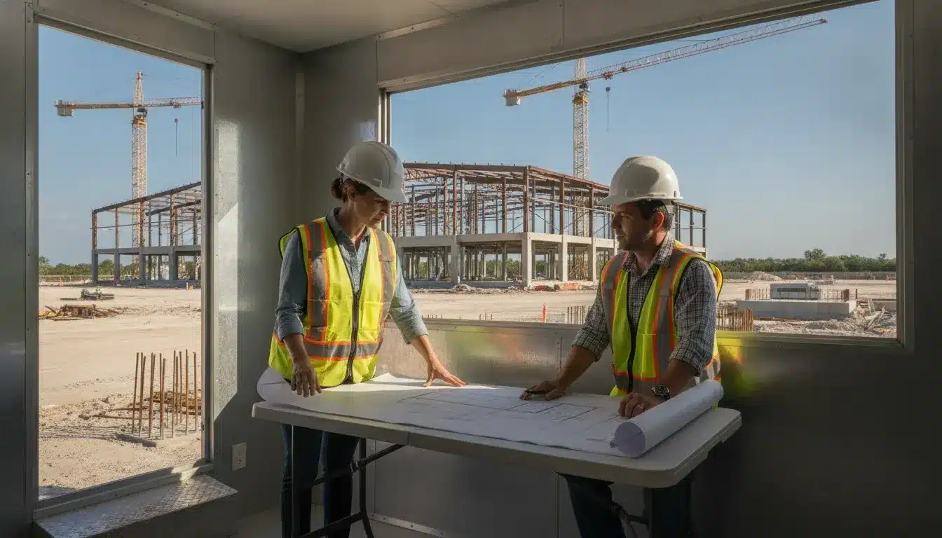 Commercial construction team reviewing plans during the Leon County building permit process