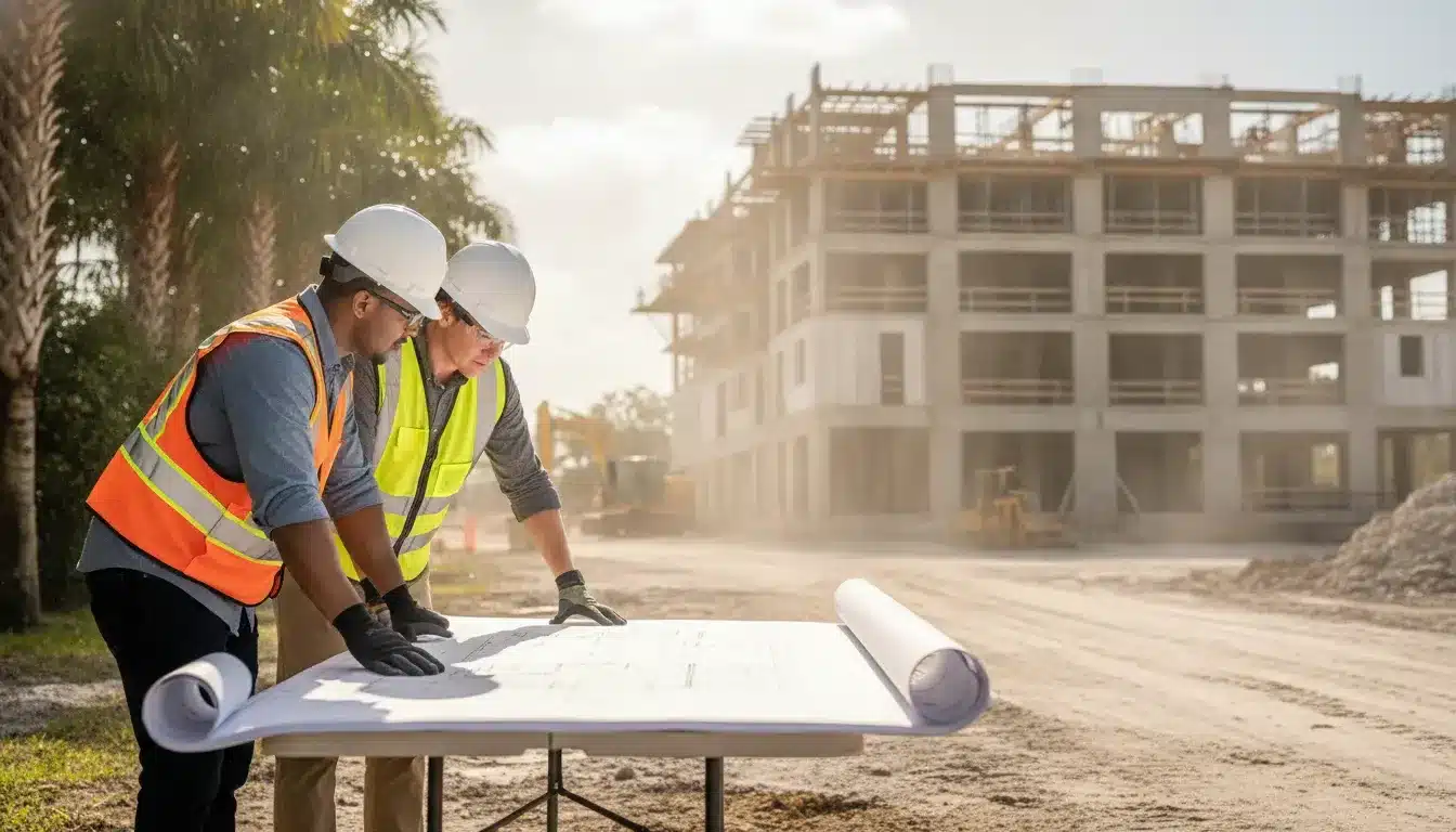 Commercial construction managers reviewing plans at a Manatee County Florida jobsite