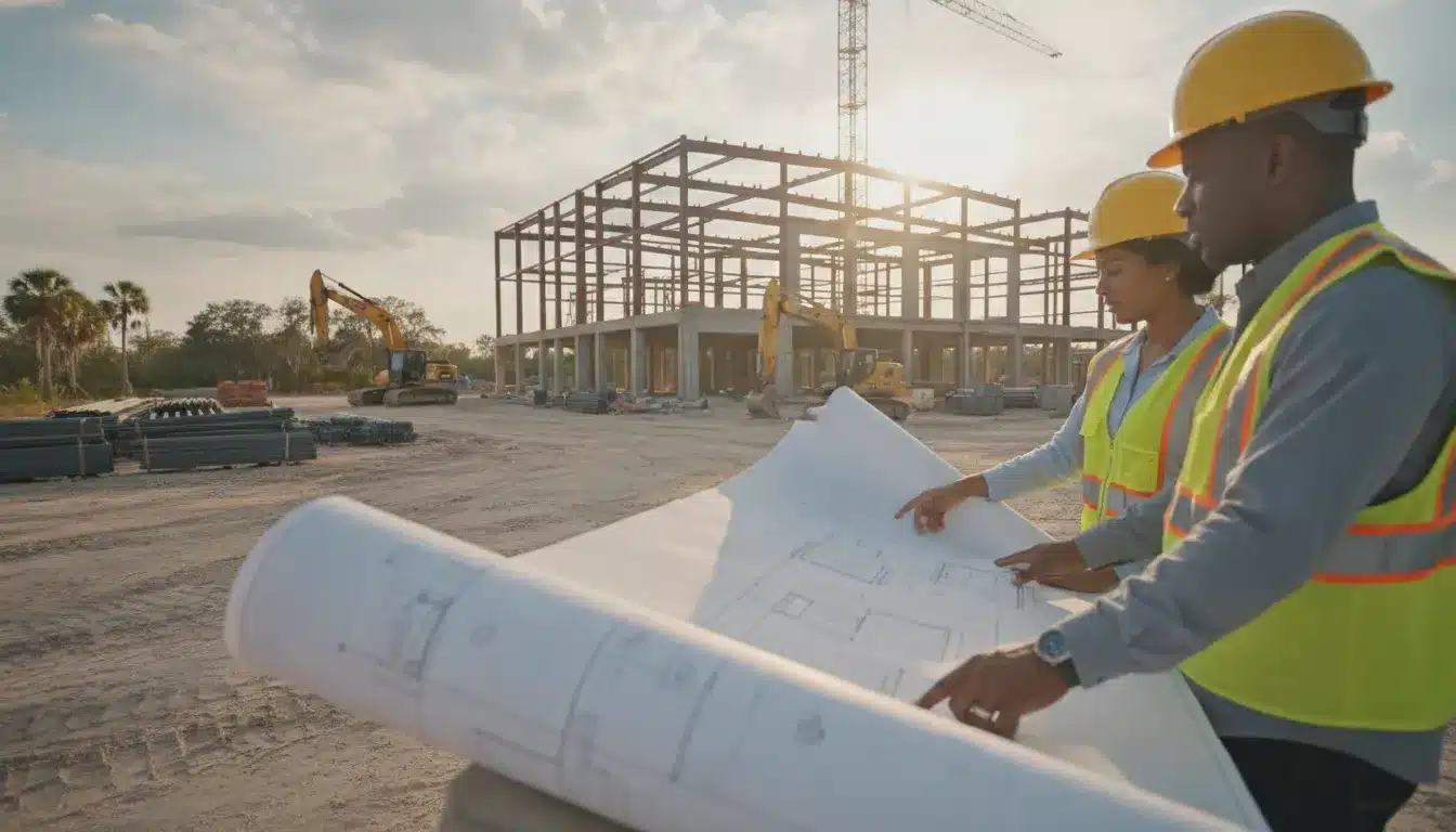 Commercial construction team reviewing plans at a Marion County Florida jobsite