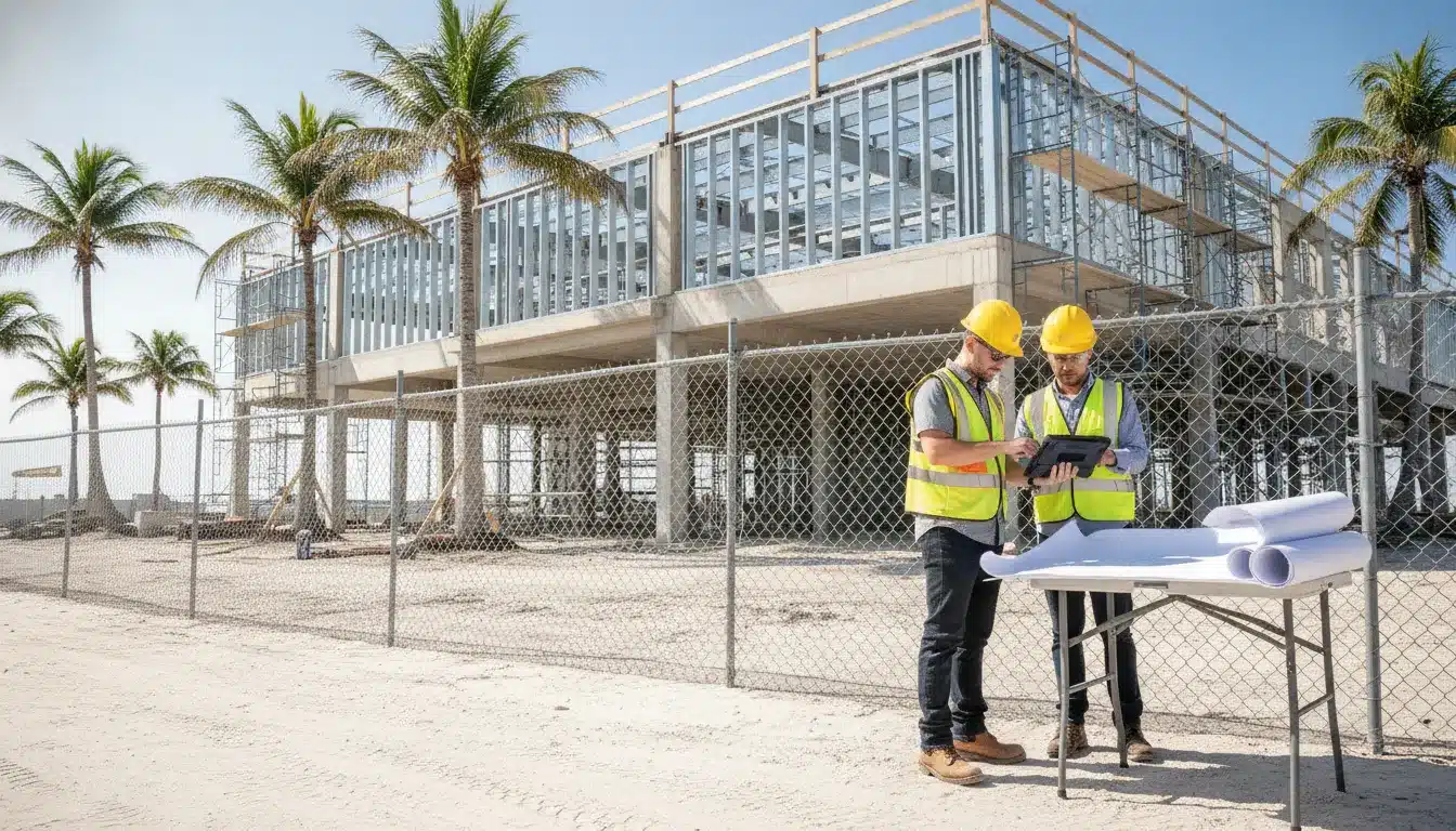Commercial construction team reviewing permit plans at a Martin County Florida job site