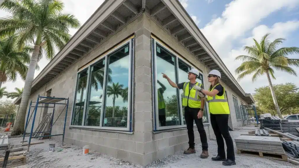 Construction professionals inspecting impact-rated glazing on a Miami-Dade commercial building
