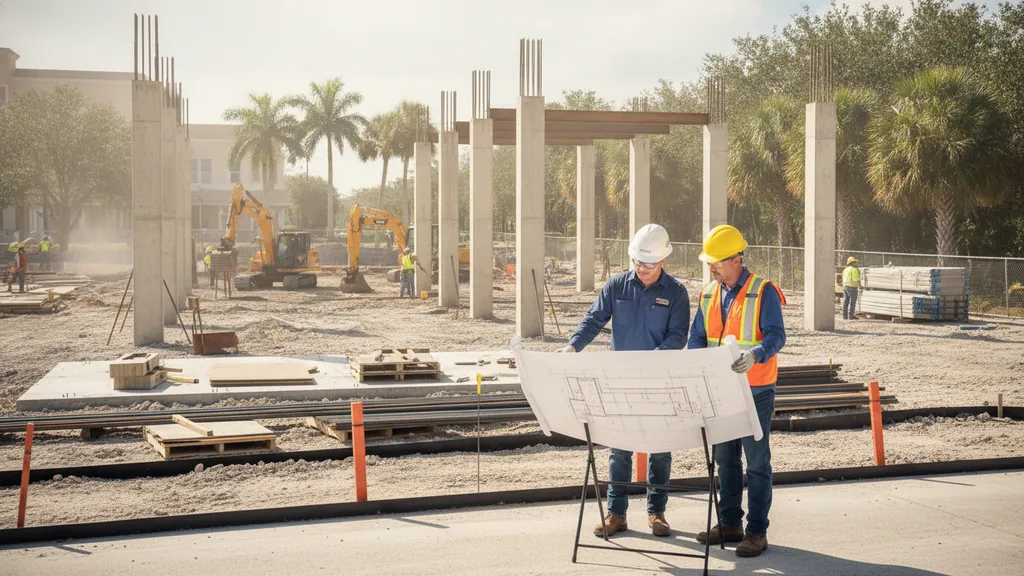 Commercial construction team reviewing plans for the North Port building permit process