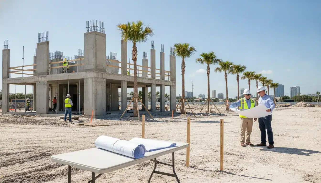 Commercial construction team reviewing permit plans at an Oakland Park, Florida jobsite