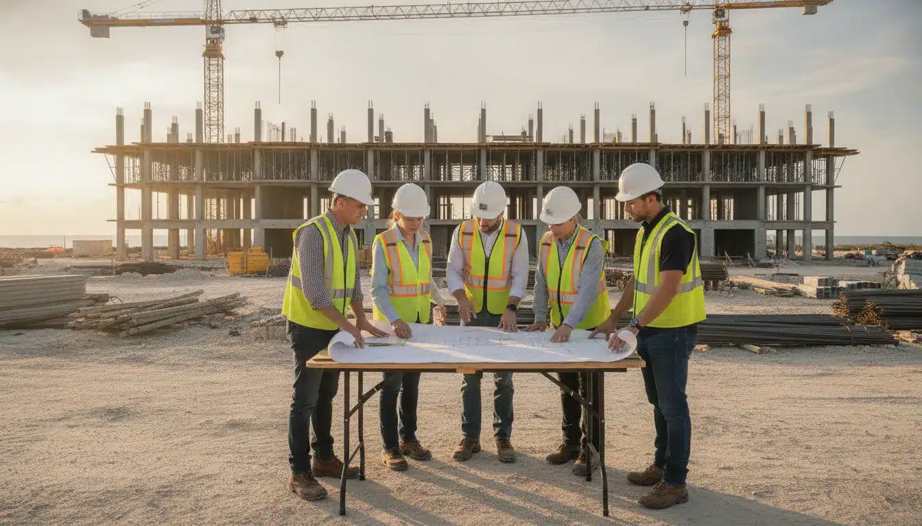 Commercial construction team reviewing permit plans at a Florida Panhandle jobsite