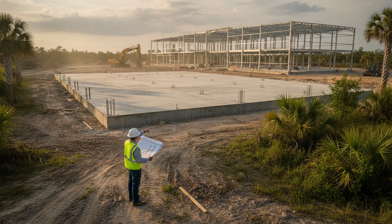 Project manager reviewing commercial building permit plans at a Florida construction site