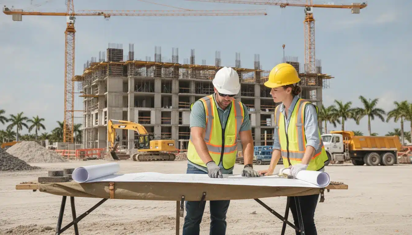 Commercial construction team coordinating Orange County permit plans