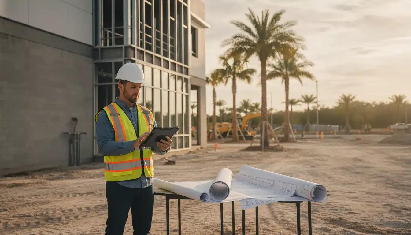 Commercial construction manager reviewing an Osceola County building permit process beside a Florida jobsite