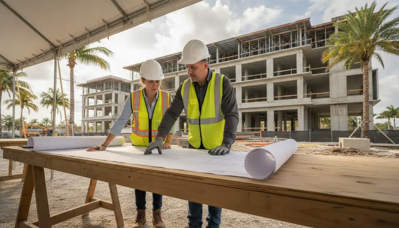 Commercial construction manager and architect reviewing permit plans in Pembroke Pines Florida