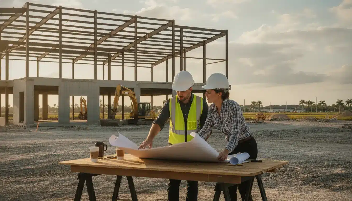 Commercial construction team reviewing plans at a Central Florida job site