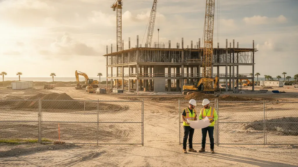 Commercial construction project and field team reviewing plans in Santa Rosa County