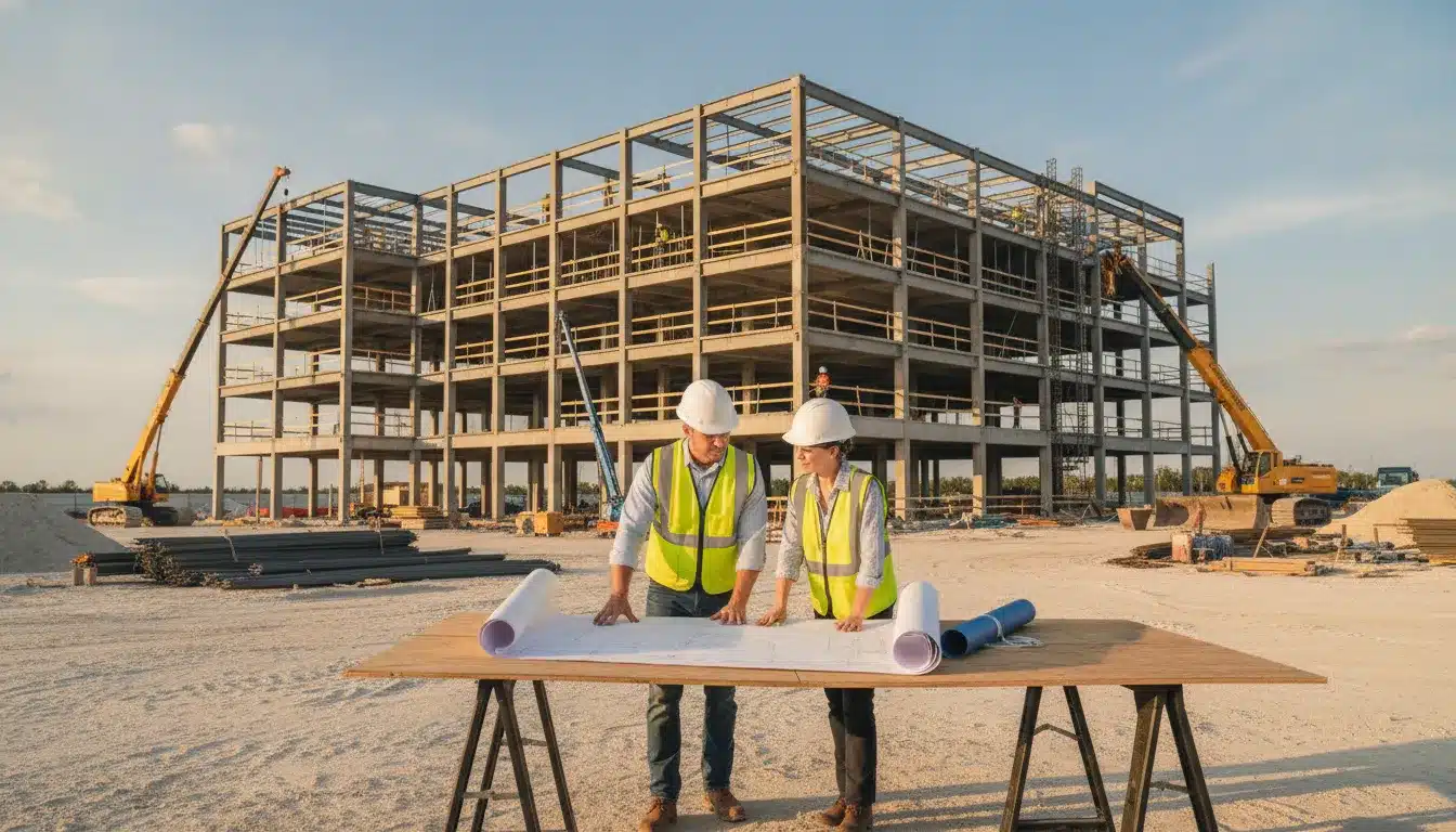 Commercial construction team coordinating permit plans
