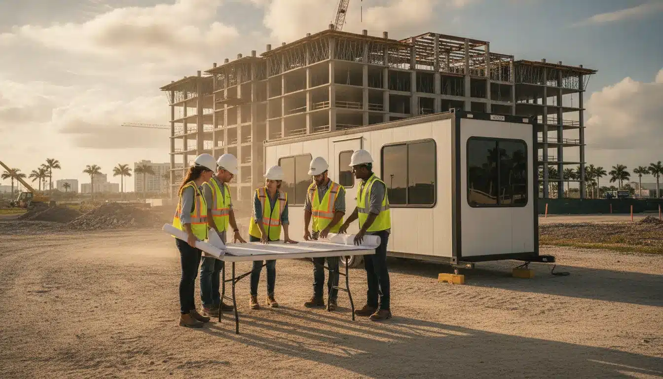 Commercial construction team reviewing plans at a St. Petersburg job site