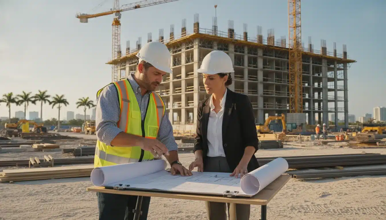 Commercial construction manager reviewing plans at a Florida jobsite