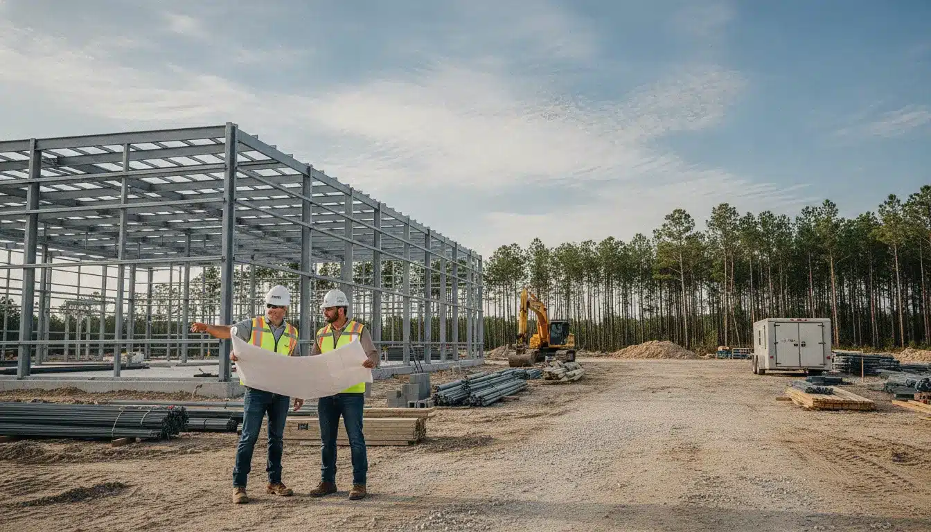 Commercial construction team coordinating a Dixie County Florida building permit process