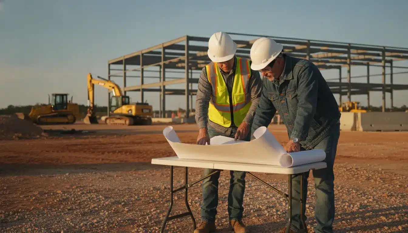 Commercial construction team reviewing plans at a Gadsden County Florida jobsite