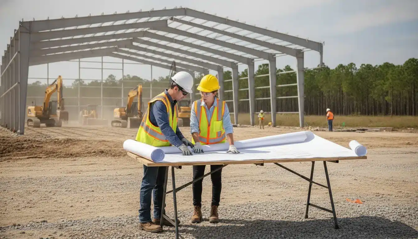 Commercial construction team reviewing plans at a Florida jobsite