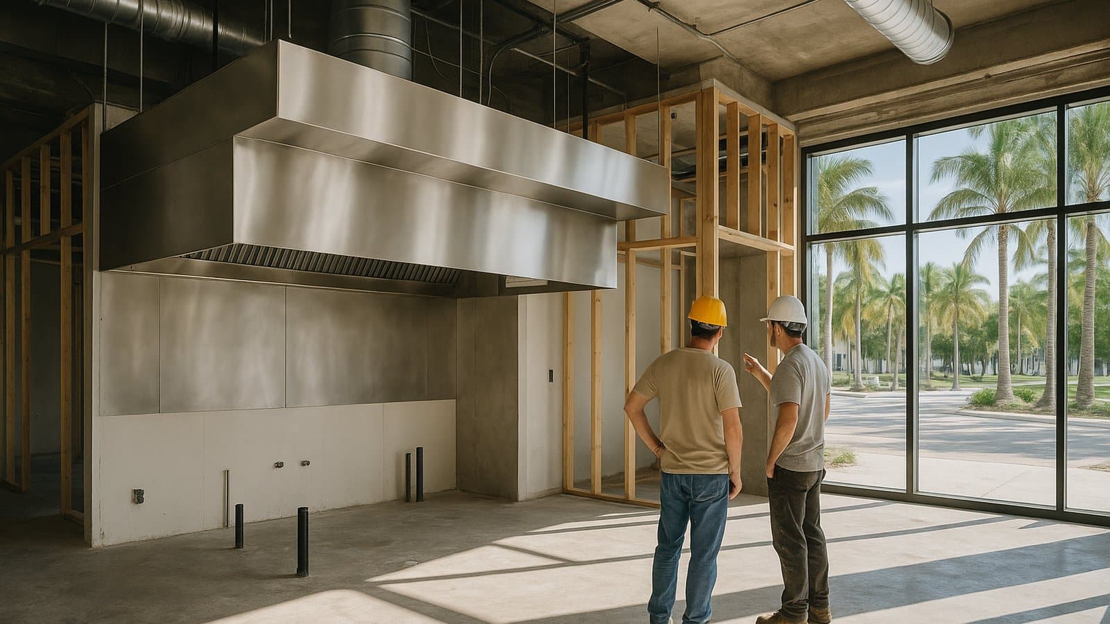 Two workers inspecting a new stainless kitchen hood in a Miami restaurant space under construction